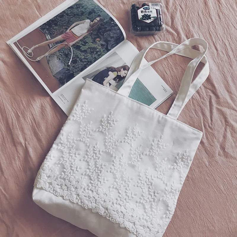 

Women Lace Canvas Bag Simple Clean Cloth Shoulder Bag Ladies Environmental Handbags White Pink Tote Zipper Purse Beach Bags