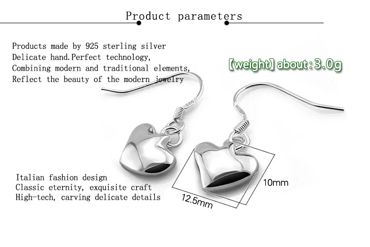 Серьги из чистого серебра, модные очаровательные серьги из чистого серебра 925 пробы, ювелирные изделия для девушек из стерлингового серебра, женские серьги в форме сердца