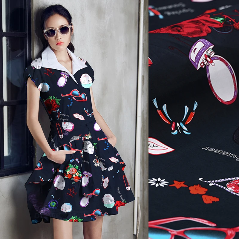 

145CM Wide 220G/M Weight 94% Cotton & 6% Spandex Cartoon Print Stretch Dark Blue Fabric for Spring Coat Clothes Jacket E463