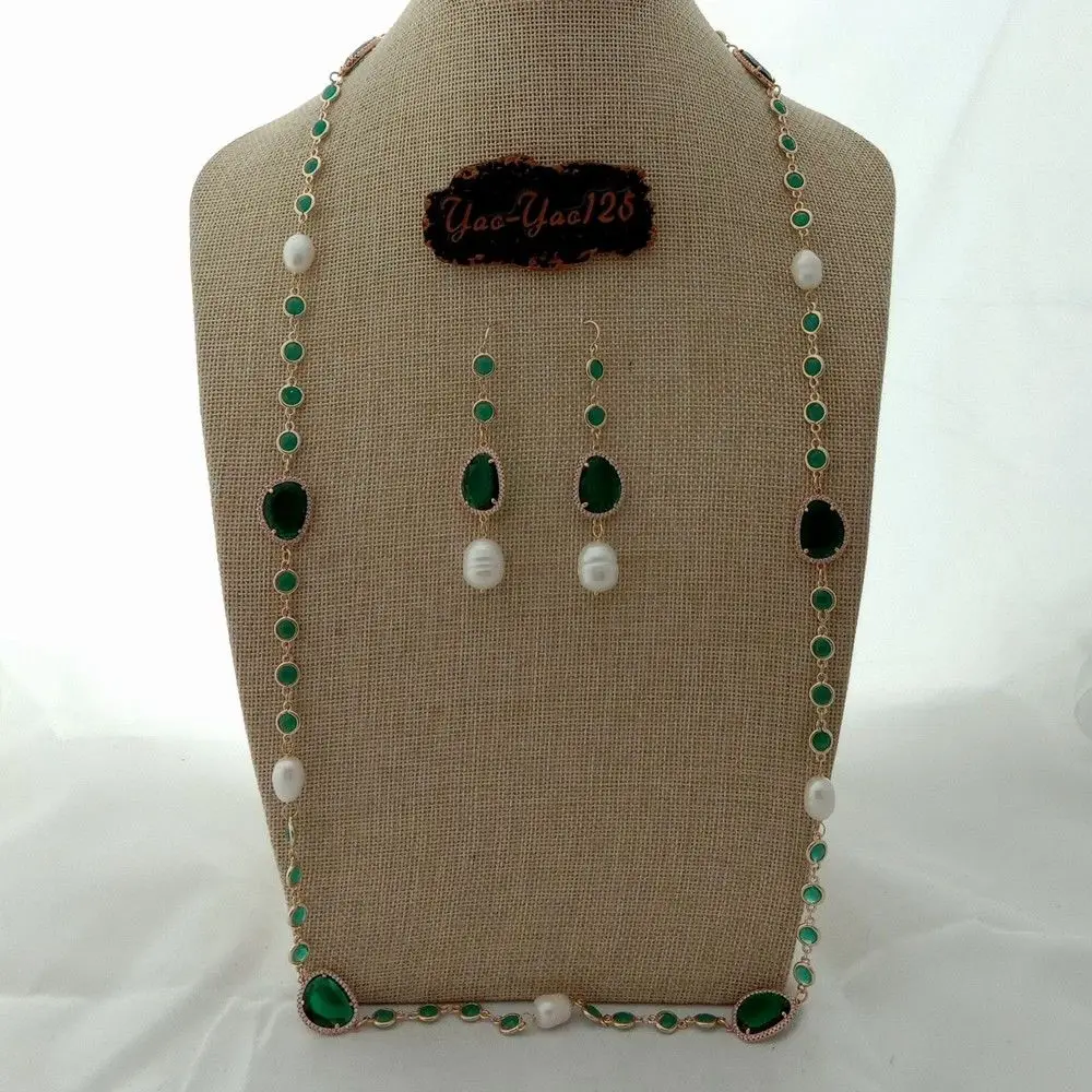 

36'' White Rice Pearl Green Crystal Chain Necklace Earrings Set