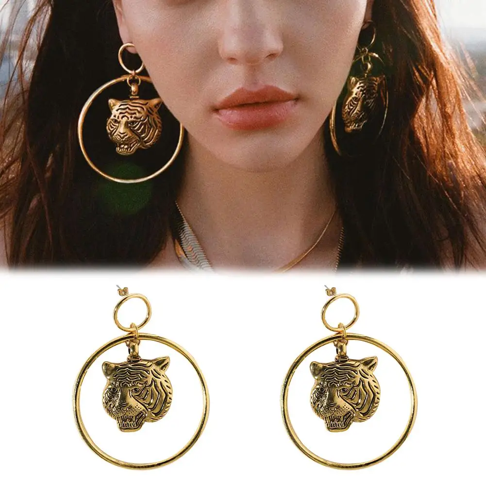 

Punk Metal Tiger Head Large Hoop Dangle Statement Women Stud Earrings Jewelry New hip hop