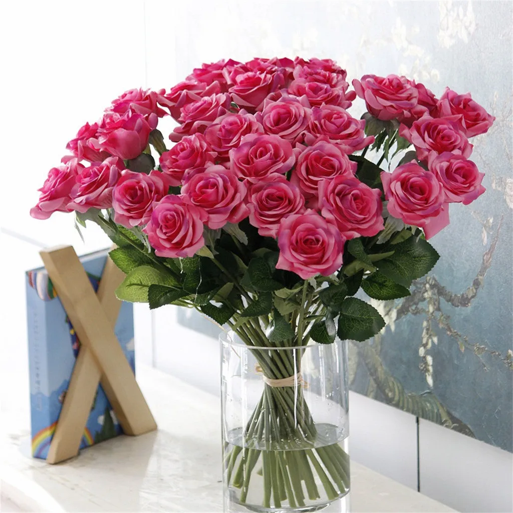 Rose Pink Silk Fake Flowers Artificial Rose Real Bridal Wedding Bouquet Home Decoration Scrapbooking DIY Supplies