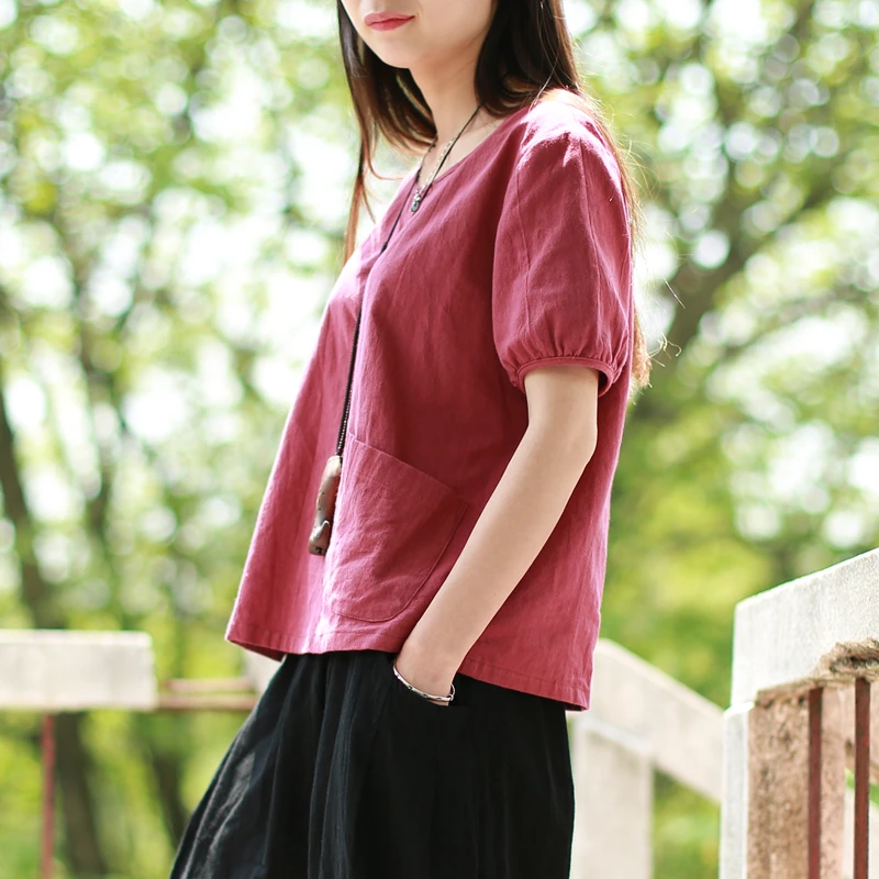 LZJN 2019 Summer Tops Women Blouses Cotton Linen Red Shirt Traditional Chinese Clothing Camisas Female Blusas Femininas PX1800 3