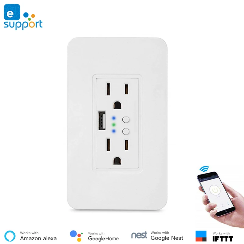 

WIFI Wall Outlet Socket with 2 Independent control AC sockets and 5V 2A USB Output,Ewelink App remote Control US standard IFTTT