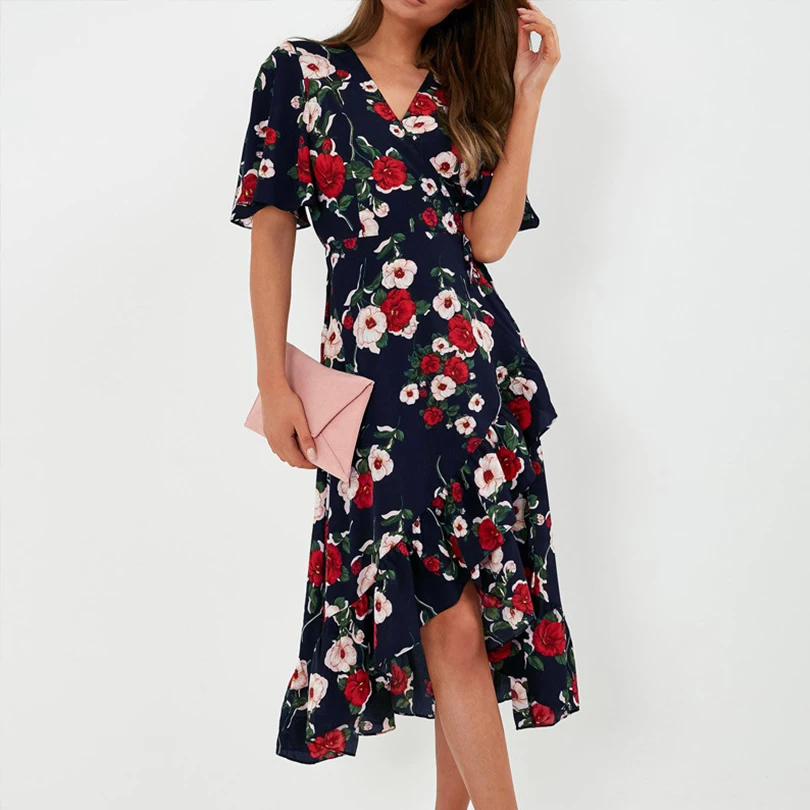 Image Sexy V Neck Floral Print Women Dress Bohemian Beach Short Sleeve Ruffles Long Elegant Female Dress Summer Chiffon Vintage Dress