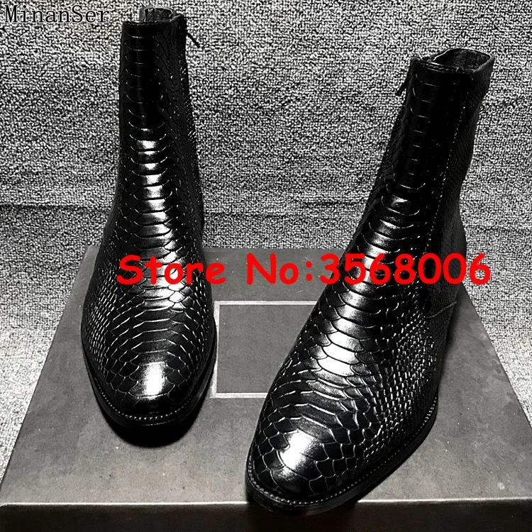 Snake Skin Leather Pointy Toe Zipper High Top Men Chelsea Boots Shoes Rome Style Casual Spring Autumn Man Ankle Boots Shoes