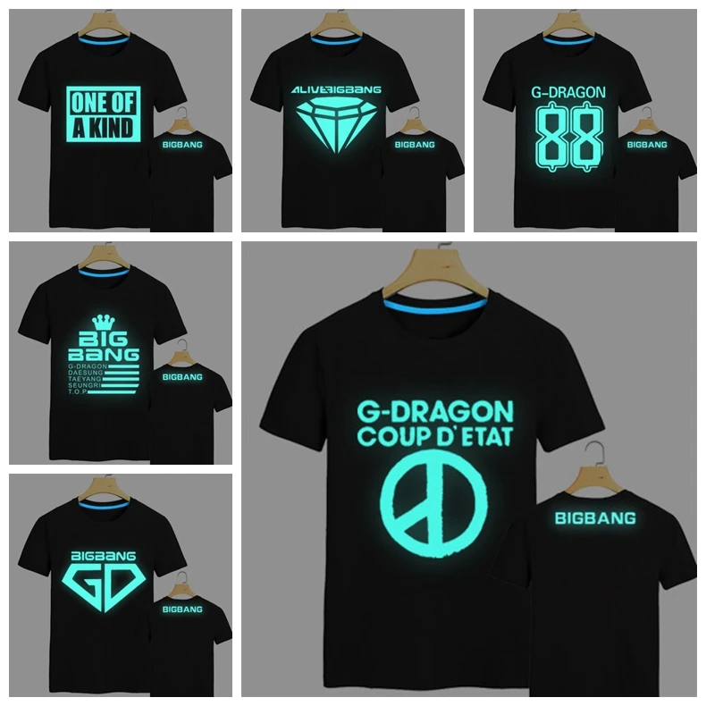 

Free Shipping 2016 Fashion Korea Singer G-Dragon Fluorescent t shirt Short Sleeve Glow in dark Hip hop Bigbang t-shirt