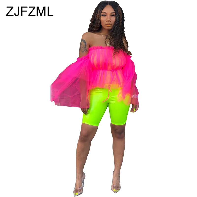 

Double Mesh Spliced Sexy T Shirts For Women Slash Neck Flare Long Sleeve Party Tops Summer Off Shoulder Backless Plus Size Tees
