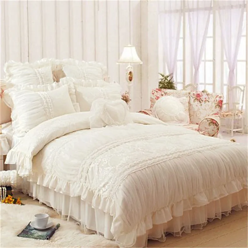 Fadfay 9Pc Embroidery Luxury Bedding Sets White Lace Cake Layered