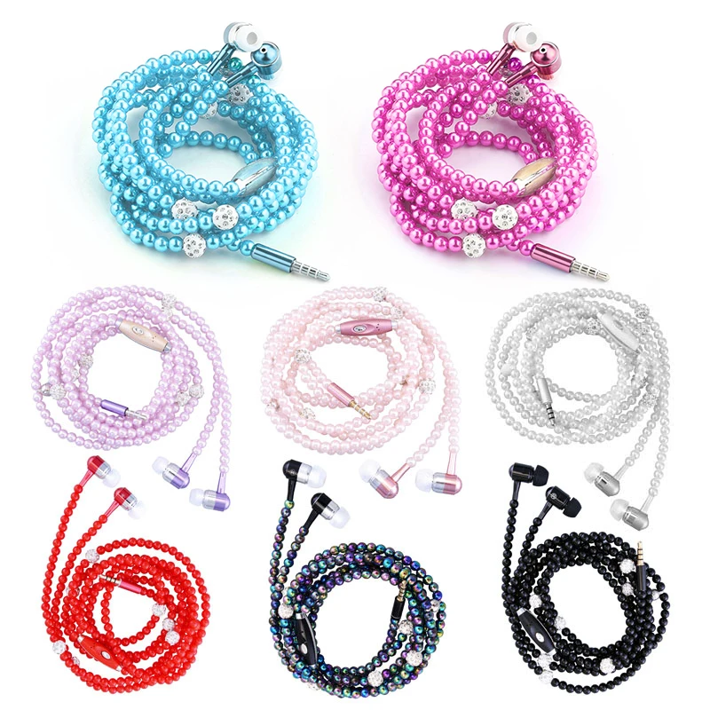 Жемчужное ожерелье с наушниками в уши розовое ожерелье со стразами ювелирные изделия бусы наушники с микрофоном для samsung Xiaomi Brithday подарки для девочек - Цвет: random