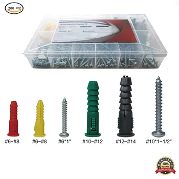 

Phillips Pan Head Self Tapping Screws and Ribbed Anchors Assortment Screws Kit 200Pcs Ribbed Plastic Drywall Anchor Kit with Scr