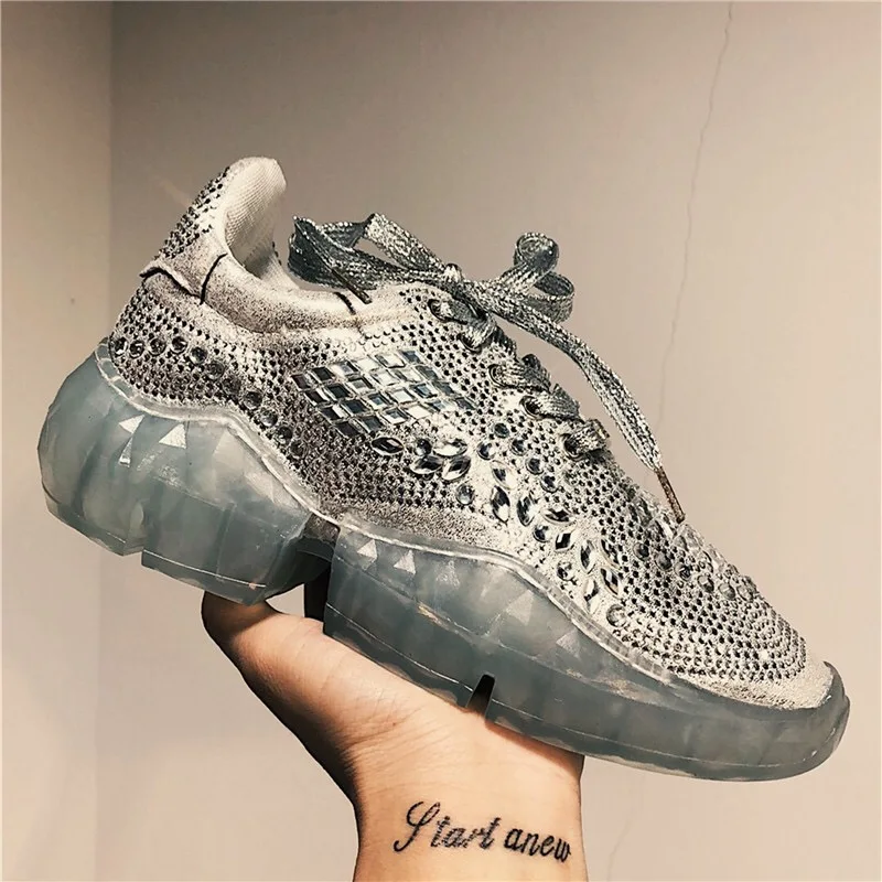 

LMCAVASUN shinning silver Rhinestone sneakers women 2019 spring fashion rhinestones platform casual shoes woman leather walking