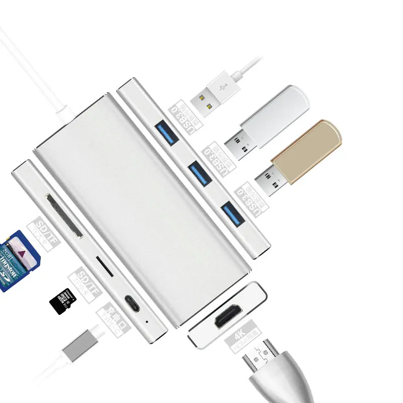 

Aluminum Type-C USB 3.1 Multiport Adapter USB-C to HDMI 4K HD USB 3.0 Hub SD TF Card Reader PD port Converter Cable for Macbook
