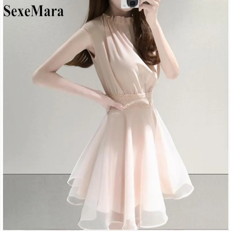 

SexeMara Korean Version Of The Slim Chiffon Was Thin Waist O Collar Solid Color Sleeveless Dress S-XXL 2019 Summer New