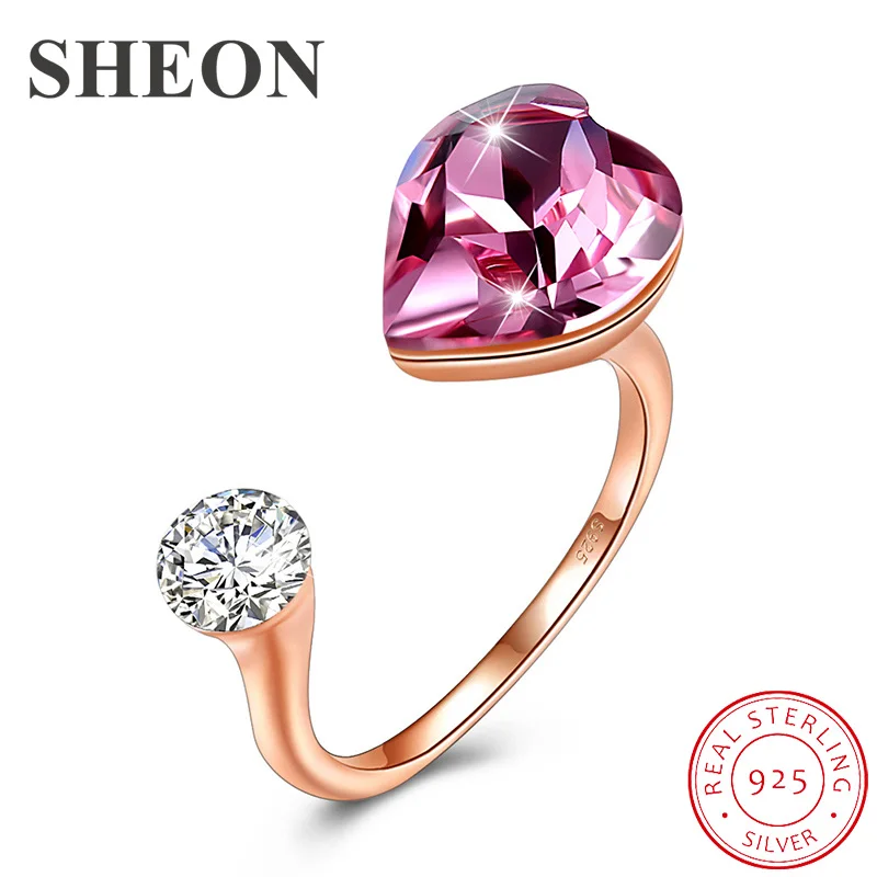 

SHEON Love Heart Crystal Rings 925 sterling silver Open Adjustable Finger Ring for Women Fine Sterling Silver Jewelry 2 Colors