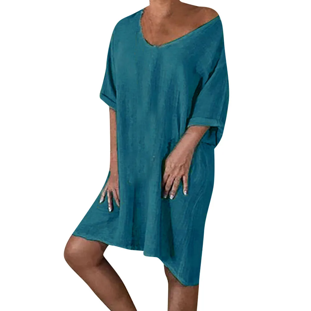 Женское летнее платье размера плюс Feminino Vestido футболка хлопок свободного покроя размера плюс одноцветные женские пляжные платья Vestido - Цвет: Синий