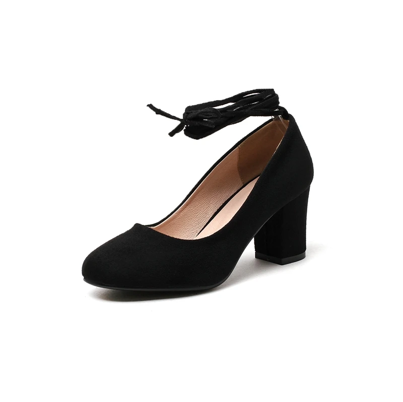

THEMOST Women High heels Sandals Big size 32-43 Causal Summer Flock Square toe Lace up Slip on Thick heels Rubber