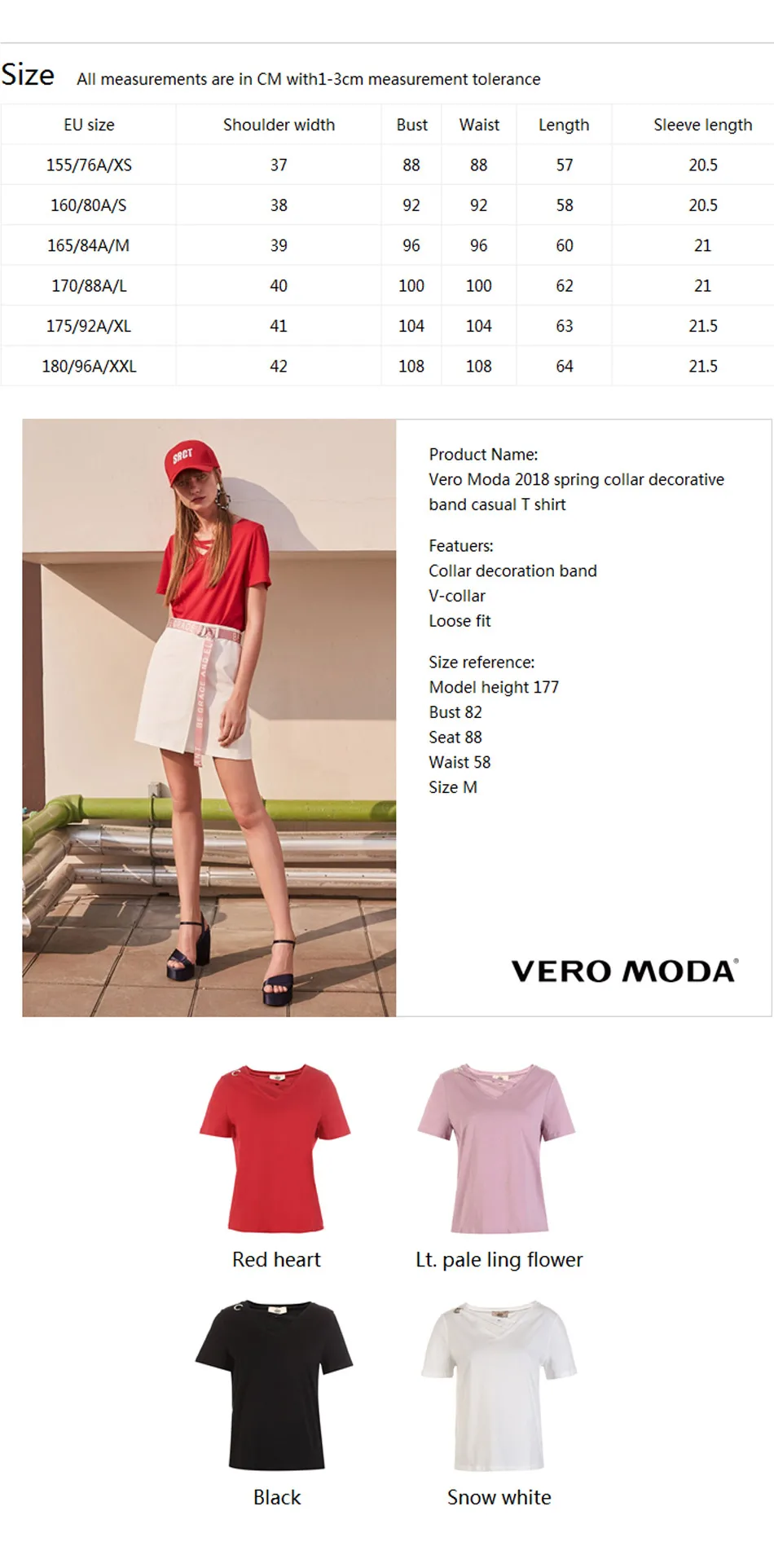 Vero Moda футболка женская хлопок чистый цвет воротник Декоративная полоса Повседневная футболка с коротким рукавом | 318101523