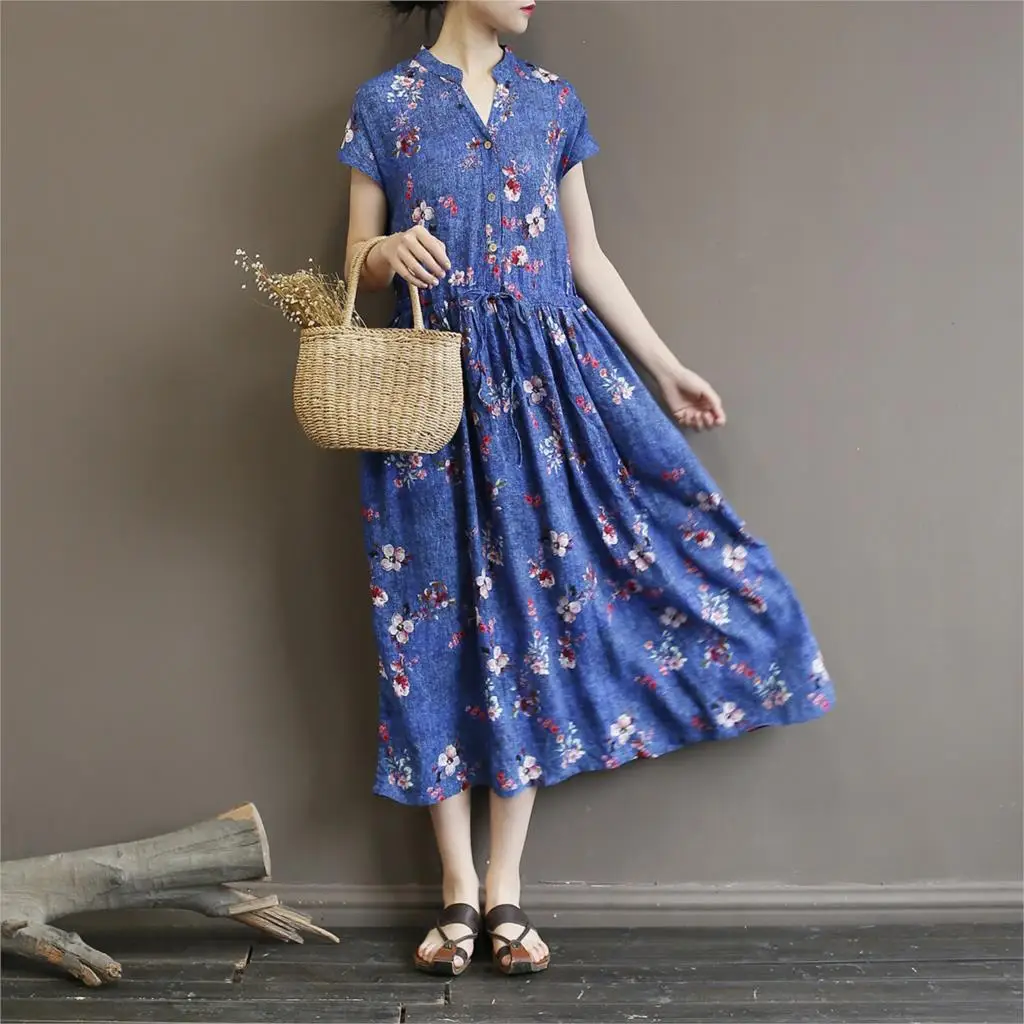 

Women Summer Cotton Linen Printed Dress Ladies V neck Retro Short Sleeve Print Dresses 2019 Female Retro Cotton Flax Dress