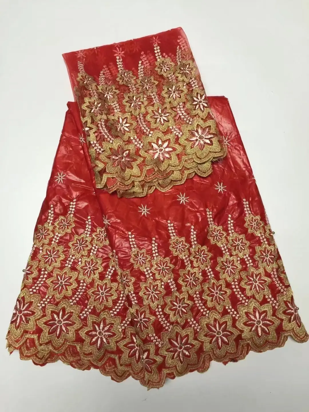

(5+2yards/set)2017 trands beaded bazin riche getzner sets in red with gold floral embroidery for african couple June-6-2017