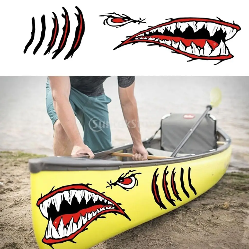 2 Pieces Vinyl Shark Teeth Mouth Stickers Decal with Floating Keyring for Boating Yachting Marine Kayak Canoe Fishing Raft