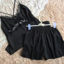 Женские летние пикантные шелковые атласные пижамы без рукавов пижамный комплект v-образным вырезом Pijama комплект Кружево пижамы Мода Ночное для Для женщин