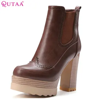 

QUTAA 2020 Women Ankle Boots Square High Heel Synthetic Leather Round Toe Platform Women Motorcycle Ankle Boots Size 34-42