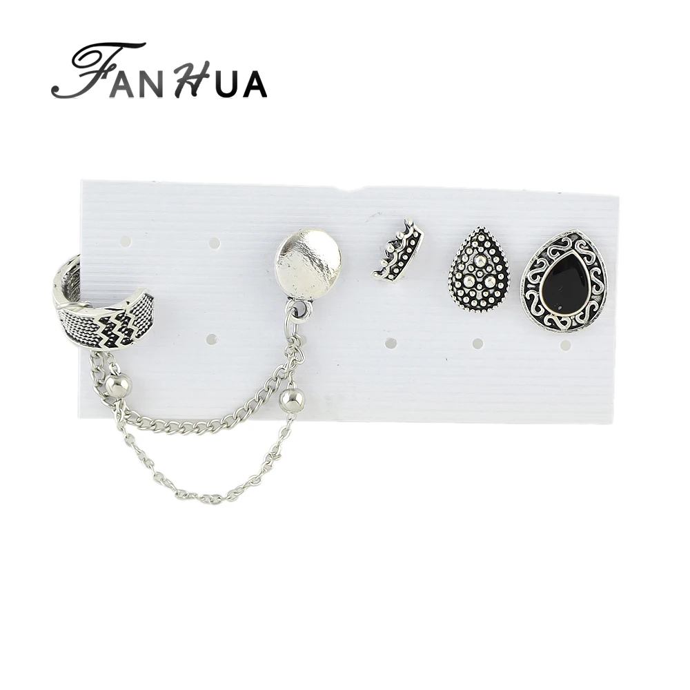 FANHUA 4Pcs/Set 2017 New Antique Silver Color Ethnic Style Water Drop Crown Shape Stud Earrings For Women Ear Cuff With Chain | Украшения и