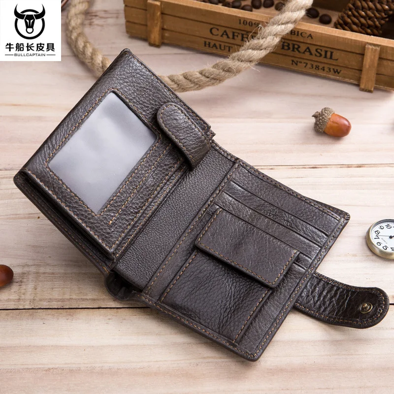 

BULLCAPTAIN Men Wallet Genuine Leather Wallets Coin Purse Clutch Hasp Open High Quality designer Retro Short Wallet 13.5cm