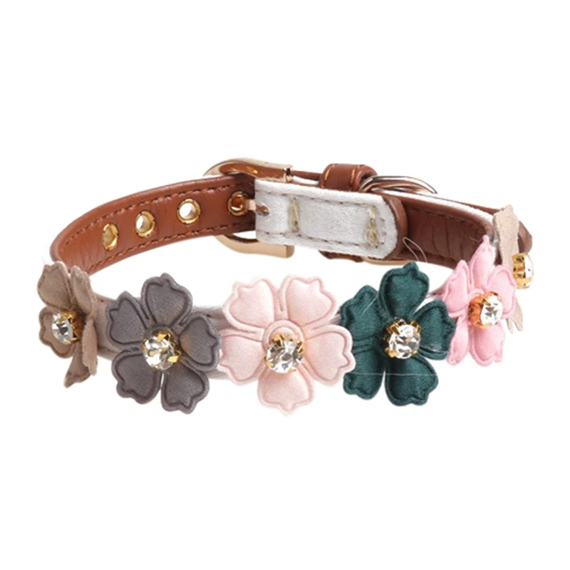 Dog Flower Collar Cute Shiny Diamonds Leather Dogs Necklaces Pet Adjustable Collars For Small Medium Dogs Chihuahua For puppy