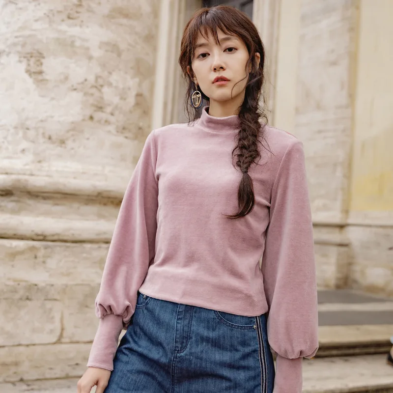 

INMAN Autumn Turtleneck Lantern Sleeve Polyester Fiber Keep Warm T Shirt