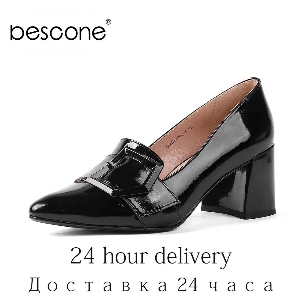 

BESCONE Office Pumps Elegant Pointed Toe Square Heels Black Patent Leather Pumps Elegant Comfortable Slip-on Women Shoes BW26