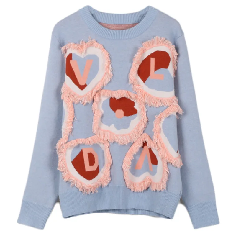 GRUIICEEN вязаный свитер с кисточками Женский пуловер с надписью «любящее сердце» джемпер GY2018559 - Цвет: Синий