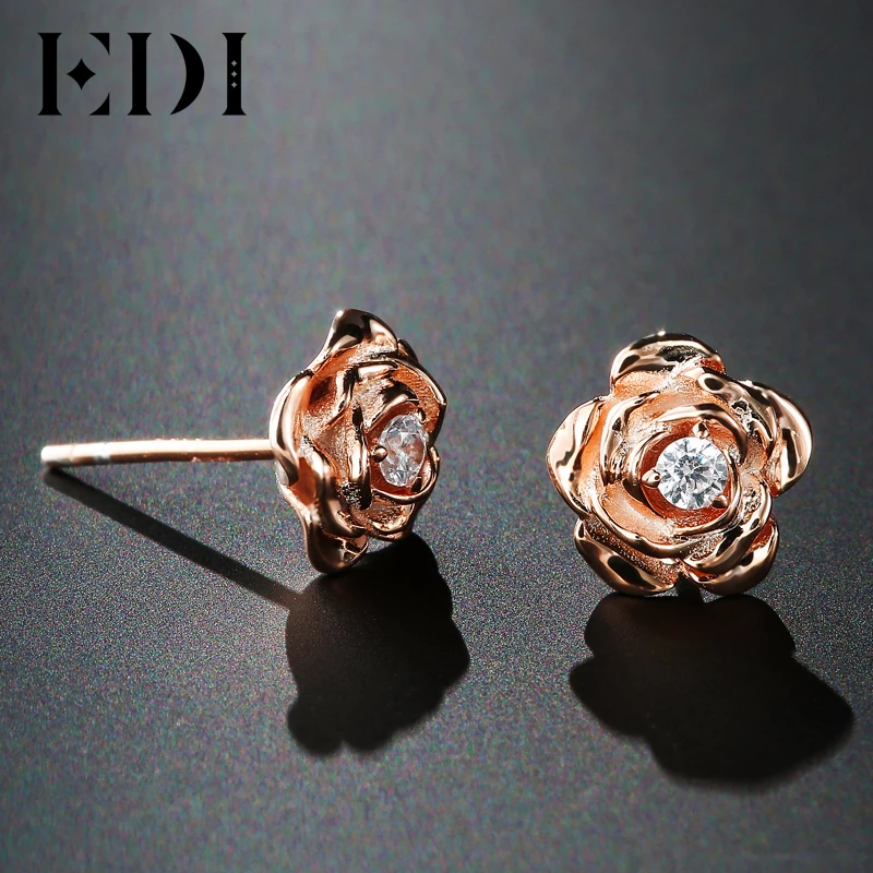 EDI Genuine Moissanites Diamond 14k 585 Rose Gold Stud Earrings Rose Floral Female Wedding Fine Jewelry