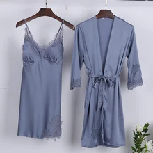 Серая женская ночная рубашка из 2 предметов, костюм с брюками, сексуальный Ночной халат-Пижама, повседневные летние пижамы, ночная Пижама, кимоно, банное платье