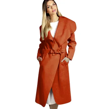 

NEW Elegant Warm Winter Wool Blend Female Black Belt Pockets Long Coat Women Casual Autumn Overcoat Outerwear Lapel Casaco