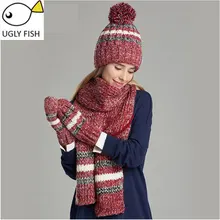Женщина зимнюю шапку и перчатки устанавливает хлопок мода женщины шляпа шарф перчатки установить прочную шляпу и шарф комплект для женщин трикотажные комплект шапка шарф рукавицы scarf hat set шапки женские