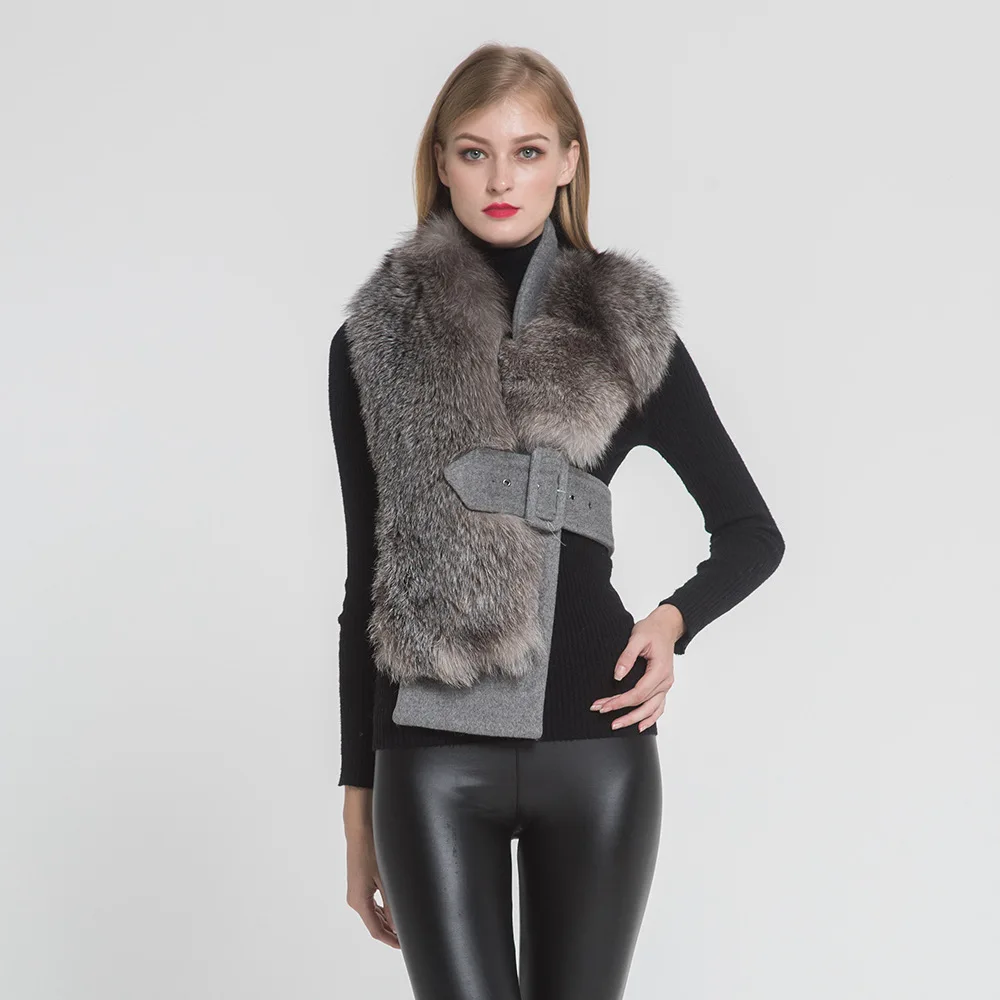 Женский жилет из меха серебристой лисы, натуральный мех, шарфы, модный стиль, женский зимний толстый теплый меховой пояс, подлинный натуральных мех, высокое качество, S7397 - Цвет: Silver Fox