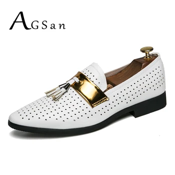 

AGSan Luxury Brand Men loafers White Black Tassel Loafers Summer Breathable Dress Shoes Hollow Out Wedding Party Smoking Shoes