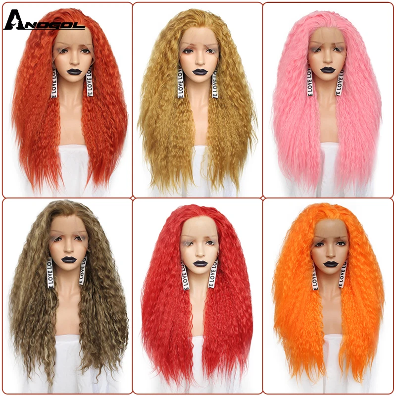 Anogol Free Part High Temperature Fiber Long Curly Red Pink Orange Yellow Blonde Mix Synthetic Lace Front Wig For Women