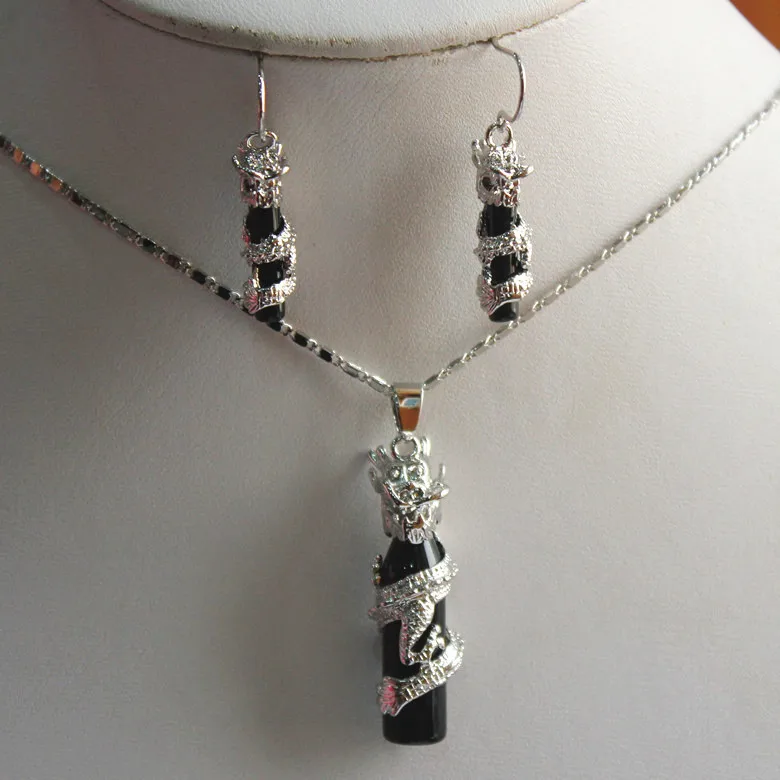 

Women's Wedding cute silver dragon black cylinder gem +silver pendant & earrings sets with chain silver- real silver-jewelry