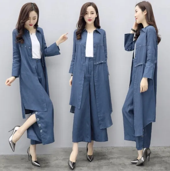 

Korean Fashion Irregular Long Top Shirt and Wide Leg Pants Women Denim Two Piece Outfits Loose Blue Jeans Pants Suit