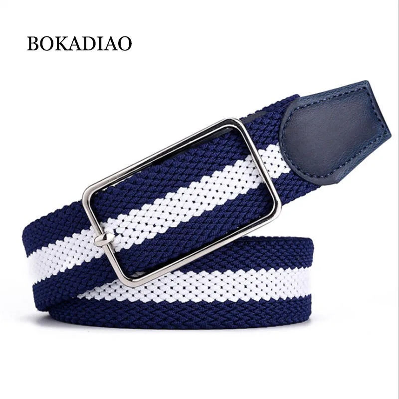 

BOKADIAO men&women elastic belt Pin buckle Weave Stretch Canvas belt 105cm luxury jeans belts for men waistband white strap male