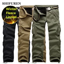 SHIFUREN зимние теплые мужские брюки карго плотные флисовые двухслойные военные повседневные мешковатые брюки мульти-карманные размера плюс 28-40