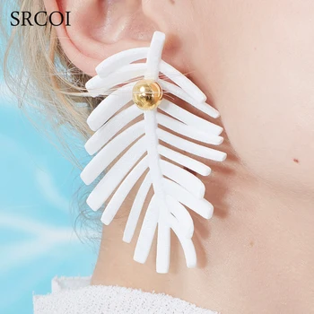 

SRCOI White Leaf Earrings Unique Fish Bone Shape With Imitation Pearls Exaggerated Earrings Long Acrylic Feather Women Jewelry