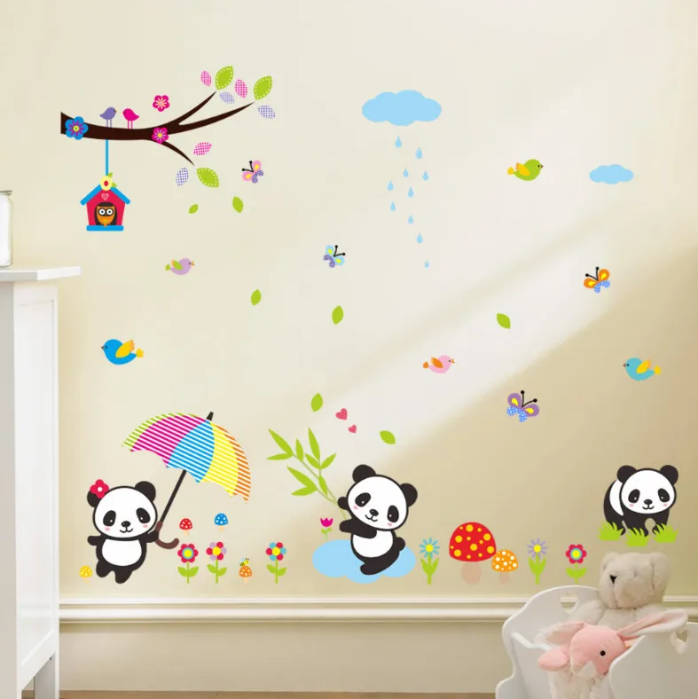 Panda Bamboo Birds Cartoon Vinyl Wall Stickers For Kids Room Tree Sky