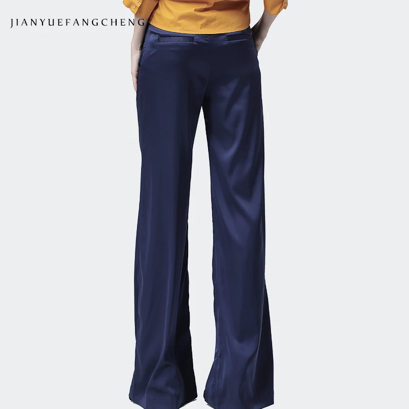 2019 Summer Women' Soft Satin Pants Trousers High Waist Wide Leg Pocketed Pleated Casual Streetwear Dress Pants For Women 2019 Summer Women' Soft Satin Pants Trousers High Waist Wide Leg Pocketed Pleated Casual Streetwear Dress Pants For Women