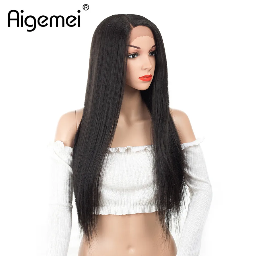 

Aigemei Natural Color Wig Long Straight Kanekalon Wig Heat Resistant Female Hair 99J Color Synthetic Hair Party Cosplay Wigs