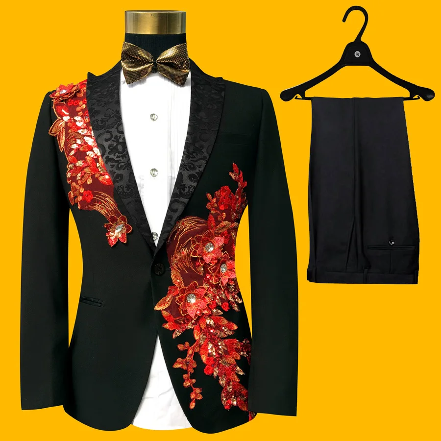 

New Arrival Fashion Brand Men Suits Tuxedos Slim Blazers Embroider Black Wedding Male Groom Prom Business Suit Jacket+Pants