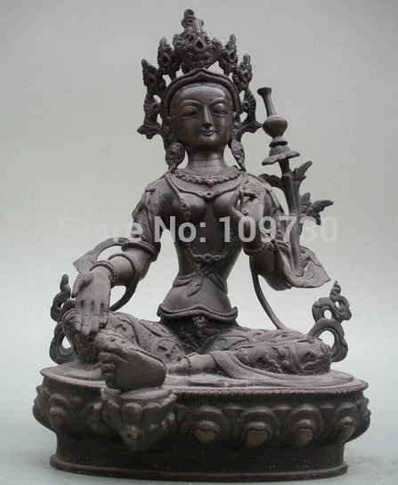 

001217 Tibetan language Pure Bronze Refined carved Green Tara Kwan-yin Buddha Statue